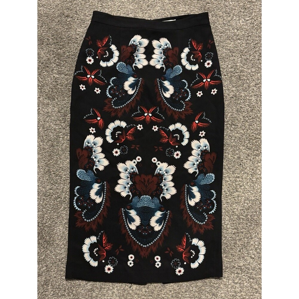 A.L.C Haley black 100% silk multicolor floral design kick pleat lined skirt 4